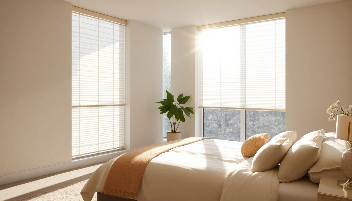 Automated blinds in a stylish bedroom.